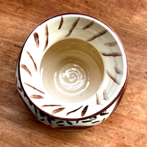 Ivory Pottery Vase with Blue & Brown Crackle Glaze in a Wave Pattern - Picture 7 of 10